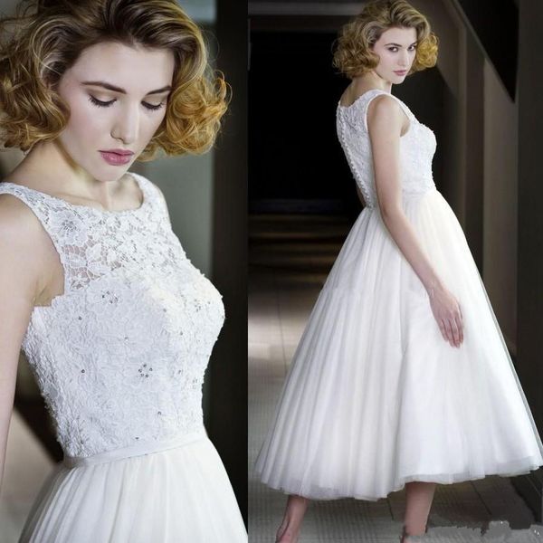 2017 vintage jewel neck sleeveless lace applique wedding dresses tulle tea length a-line short bridal gowns custom made, White
2017 vintage jewel neck sleeveless lace applique wedding dresses tulle tea length a-line short bridal gowns custom made, White