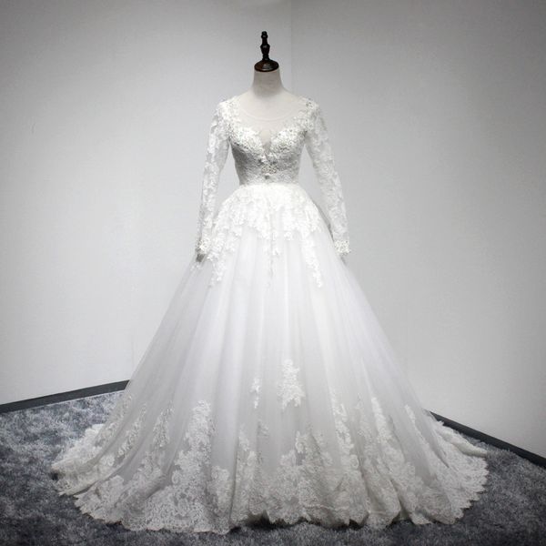 long sleeves tulle ball gown wedding dress with appliques vintage 2017 new scoop neck marriage wedding gowns, White
long sleeves tulle ball gown wedding dress with appliques vintage 2017 new scoop neck marriage wedding gowns, White
