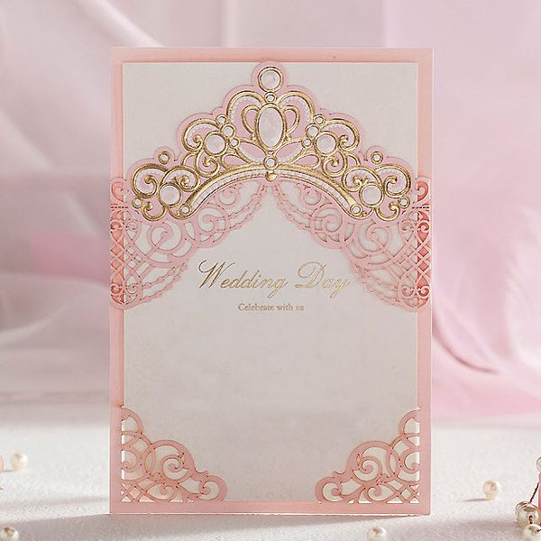 

Light pink white pearl gold crown wedding invitation card by wi hmade cw6072