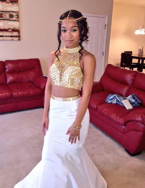 halter gold beaded sequins white skirt prom dresses two pieces taffeta sparkly prom gowns open back straps vestidos de graduacion, Black
halter gold beaded sequins white skirt prom dresses two pieces taffeta sparkly prom gowns open back straps vestidos de graduacion, Black
