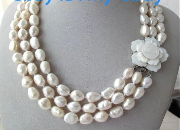

3 strands white baroque freshwater pearl necklace shell flower clasp, Silver