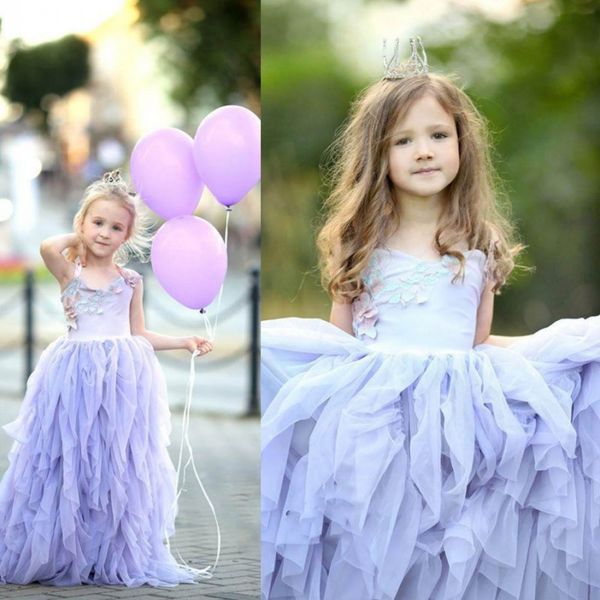 

lavender halter flower girl dresses with colorful appliques tulle tiered girls pageant gowns floor length baby birthday party dress cheap, White;blue