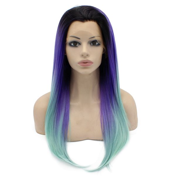 24" long ombre violet purple blue two tone silky straight half hand tied heat resistant synthetic fiber lace front fashion wig s02, Black
24" long ombre violet purple blue two tone silky straight half hand tied heat resistant synthetic fiber lace front fashion wig s02, Black