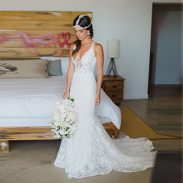 amazing deep v-neck sleeveless mermaid lace summer beach wedding dress bohemian open back boho bridal dresses 2019, White
amazing deep v-neck sleeveless mermaid lace summer beach wedding dress bohemian open back boho bridal dresses 2019, White