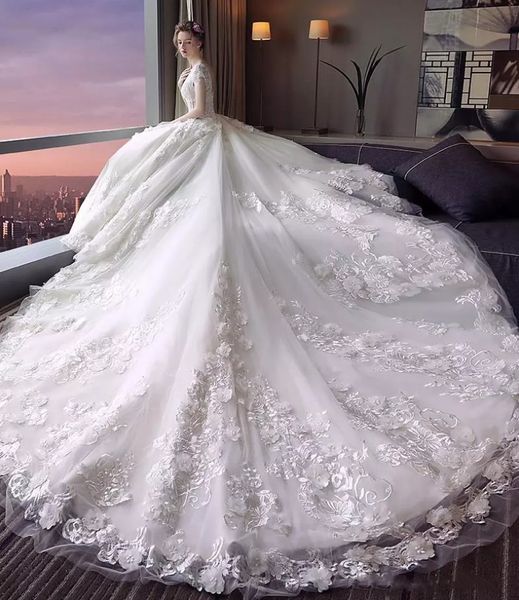 long cathedral train wedding dresses v neck cap sleeve lace applique beaded 3d floral ivory lace up back tulle bridal gown vestido de, White
long cathedral train wedding dresses v neck cap sleeve lace applique beaded 3d floral ivory lace up back tulle bridal gown vestido de, White