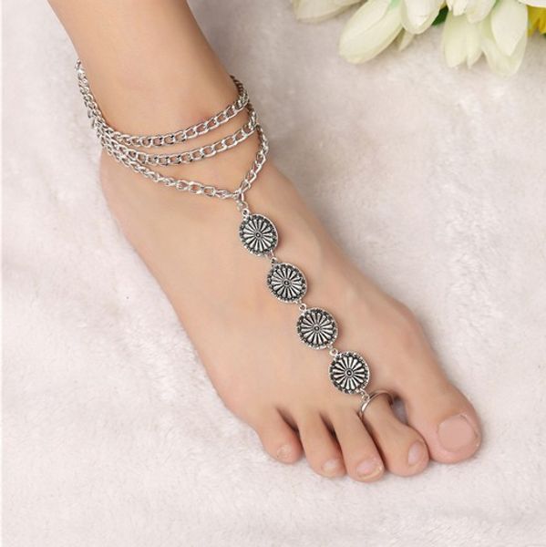 

womens jewelry vintage bohemian silver 3 layered tassel engraved coin w/toe chain rings anklets boho anklet bracelet barefoot sandals, Red;blue