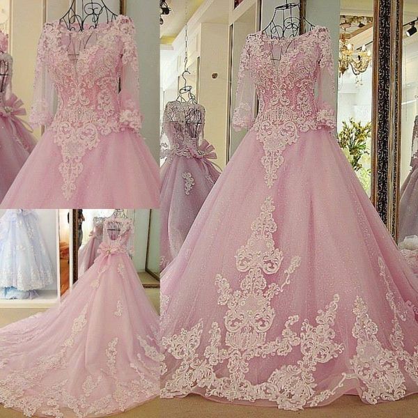 

pink ball gown colorful wedding dresses with 3/4 sleeves beaded lace appliques corset back non white wedding gowns couture custom made