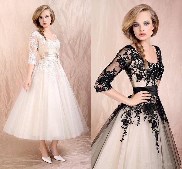 2017 Tea Length Lace Appliques Wedding Dresses Half Sleeves Scoop Black Ruched Tulle A-Line Black Wedding Dresses Bridal Gowns Cutom Made, White
2017 Tea Length Lace Appliques Wedding Dresses Half Sleeves Scoop Black Ruched Tulle A-Line Black Wedding Dresses Bridal Gowns Cutom Made, White