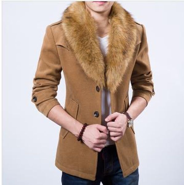 wholesale- 2015 brand men wool & blends coat with luxury fur collar for men trend winter soft medium-long all-match trench coat, Black
wholesale- 2015 brand men wool & blends coat with luxury fur collar for men trend winter soft medium-long all-match trench coat, Black
