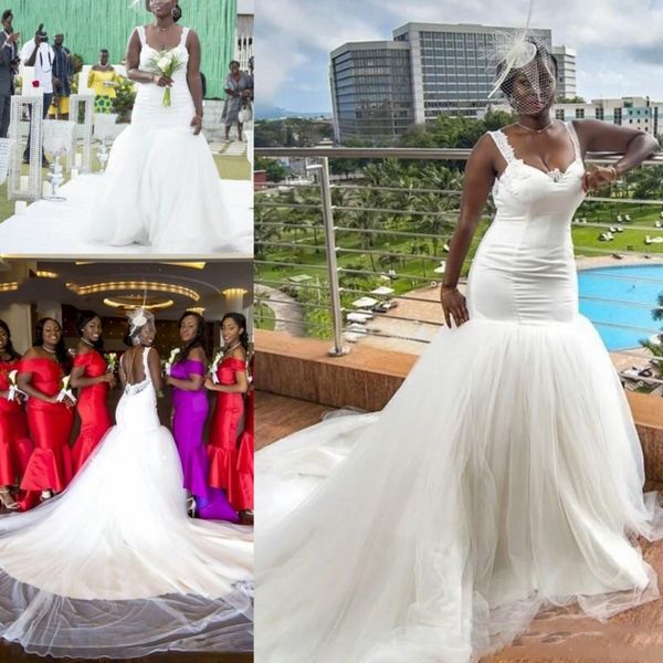 plus size mermaid wedding dresses with straps south african tulle sweep train bridal gowns backless simple wedding vestidos, White
plus size mermaid wedding dresses with straps south african tulle sweep train bridal gowns backless simple wedding vestidos, White