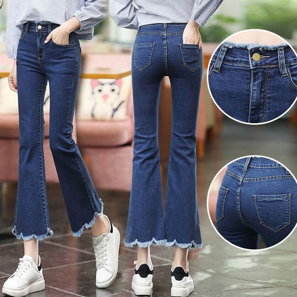 the new high waist nine flared jeans female korean elastic skinny weila pants 2017 black trousers., Blue
the new high waist nine flared jeans female korean elastic skinny weila pants 2017 black trousers., Blue