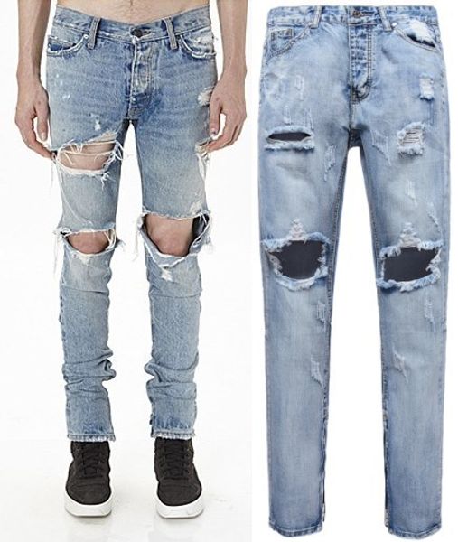 2018 hip hop mens designer jeans men hole on knee light blue denim pants plus size