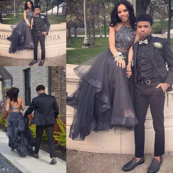 2017 back prom dresses gray tulle two piece halter neck backless beaded crystal sequins tiered ruffles party dress formal evening gowns, Black
2017 back prom dresses gray tulle two piece halter neck backless beaded crystal sequins tiered ruffles party dress formal evening gowns, Black