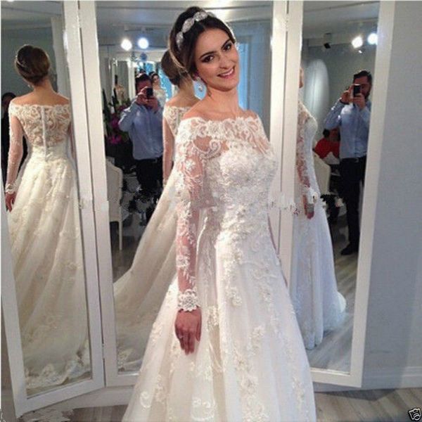 fashion new wedding dress long sleeve modern lace romantic a-line off shoulder sweep train bridal gowns custom made vestidos sheer appliques, White
fashion new wedding dress long sleeve modern lace romantic a-line off shoulder sweep train bridal gowns custom made vestidos sheer appliques, White