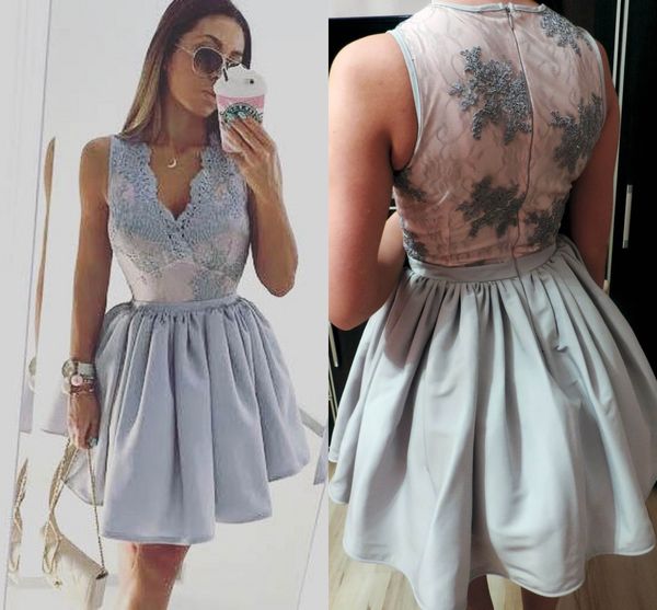 short light blue cocktail dresses 2017 lace v-neck mini prom party gowns sleeveless homecoming graduation dress, Black
short light blue cocktail dresses 2017 lace v-neck mini prom party gowns sleeveless homecoming graduation dress, Black