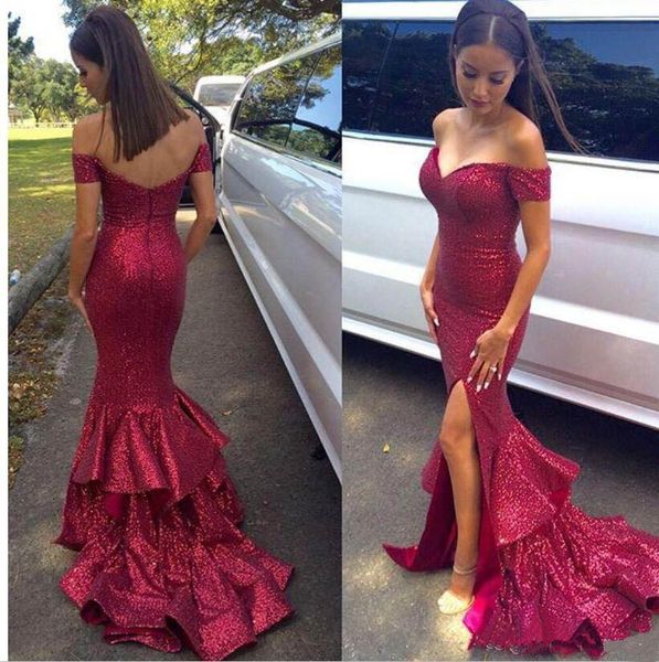 sparkly mermaid sequined prom dresses off shoulder short sleeve front split fashion style party gowns custom size, Black
sparkly mermaid sequined prom dresses off shoulder short sleeve front split fashion style party gowns custom size, Black