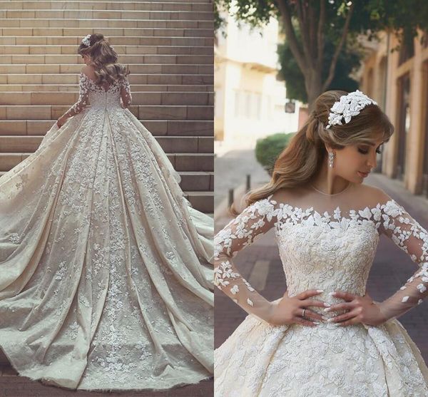 2018 new gorgeous sheer neck lace wedding dresses long train long sleeves crystals ruffles appliques tulle wedding dresses, White
2018 new gorgeous sheer neck lace wedding dresses long train long sleeves crystals ruffles appliques tulle wedding dresses, White