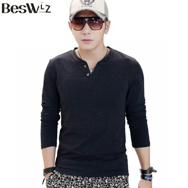 

wholesale- beswlz men long sleeve v-neck t-shirts fashion casual style cotton slim men brand clothing basic t shirts men tees 7900, White;black