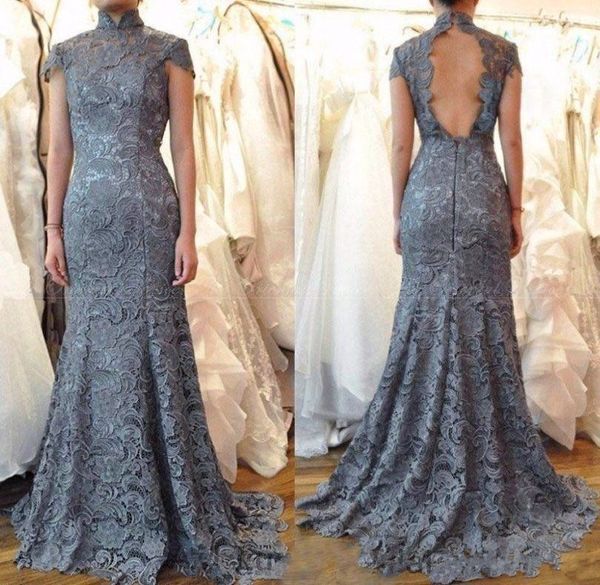 2017 grey high neck lace evening dress with cap sleeve mermaid dress backless sweep train formal occasion wear, Black;red
2017 grey high neck lace evening dress with cap sleeve mermaid dress backless sweep train formal occasion wear, Black;red