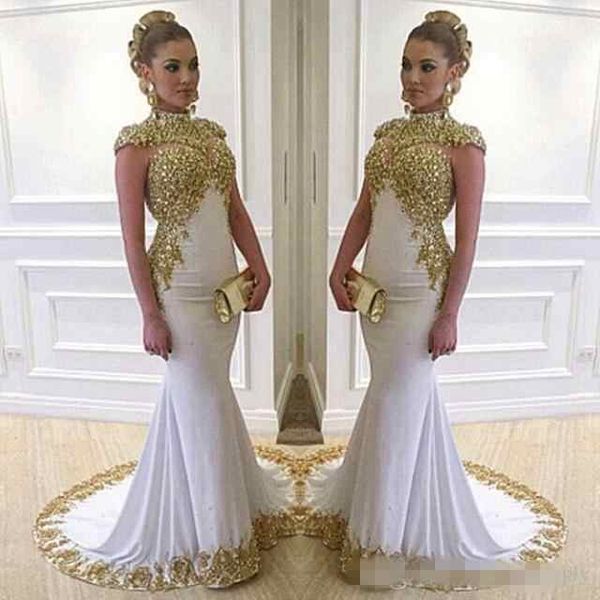 2019 stunning white long evening dress high neck cap sleeve beaded gold lace appliques stretch satin mermaid women formal gowns, Black;red
2019 stunning white long evening dress high neck cap sleeve beaded gold lace appliques stretch satin mermaid women formal gowns, Black;red