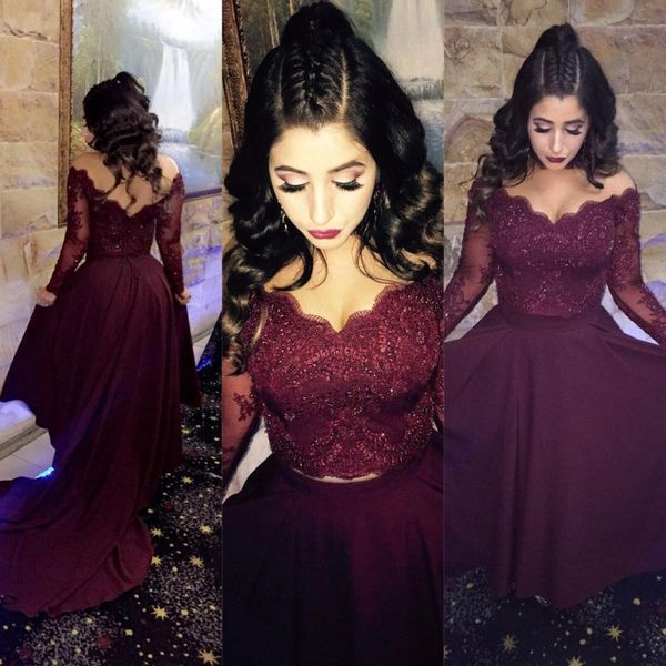 deep burgundy two-piece prom dresses sheer jewel-neck beaded lace appliques long sleeves party dress a line sweep train evening gowns, Black
deep burgundy two-piece prom dresses sheer jewel-neck beaded lace appliques long sleeves party dress a line sweep train evening gowns, Black