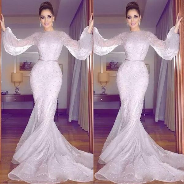 pearls beaded mermaid evening dresses 2018 lace sheer poet sleeves prom dress saudi arabia sweep train formal party dress, Black
pearls beaded mermaid evening dresses 2018 lace sheer poet sleeves prom dress saudi arabia sweep train formal party dress, Black