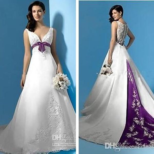 2019 new satin white and purple wedding dresses v-neck sweep train bow a-line embroidery bridal gowns sleeveless custom w2003
2019 new satin white and purple wedding dresses v-neck sweep train bow a-line embroidery bridal gowns sleeveless custom w2003