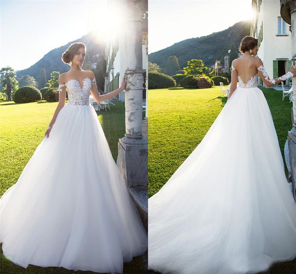 lace appliques sheer neck a line bridal gowns see through back long illusion sleeves wedding dress custom made custom tulle, White
lace appliques sheer neck a line bridal gowns see through back long illusion sleeves wedding dress custom made custom tulle, White