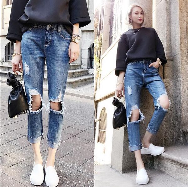 2017 in the spring of the new european bf knee big hole jeans show thin haroun pants pants straight nine points, Blue 
2017 in the spring of the new european bf knee big hole jeans show thin haroun pants pants straight nine points, Blue