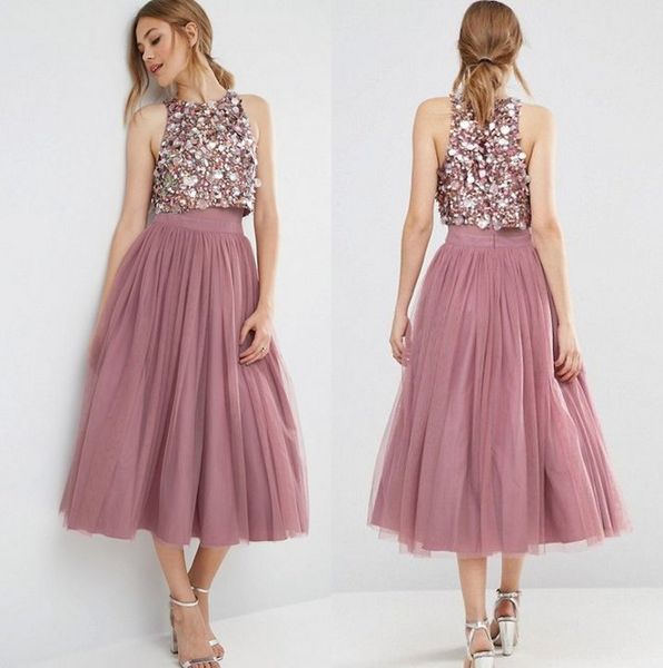 tea length country bridesmaids dresses sequined jewel neck short two pieces prom dress tulle a-line maid of honor gowns, White;pink
tea length country bridesmaids dresses sequined jewel neck short two pieces prom dress tulle a-line maid of honor gowns, White;pink