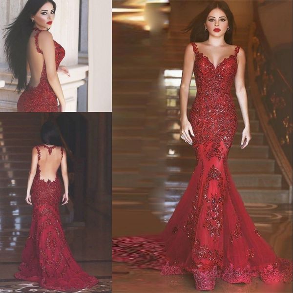 gorgeous dark red mermaid prom dress sheer v-neck sleeveless illusion back evening gowns with beading appliques open back formal dresses, Black
gorgeous dark red mermaid prom dress sheer v-neck sleeveless illusion back evening gowns with beading appliques open back formal dresses, Black