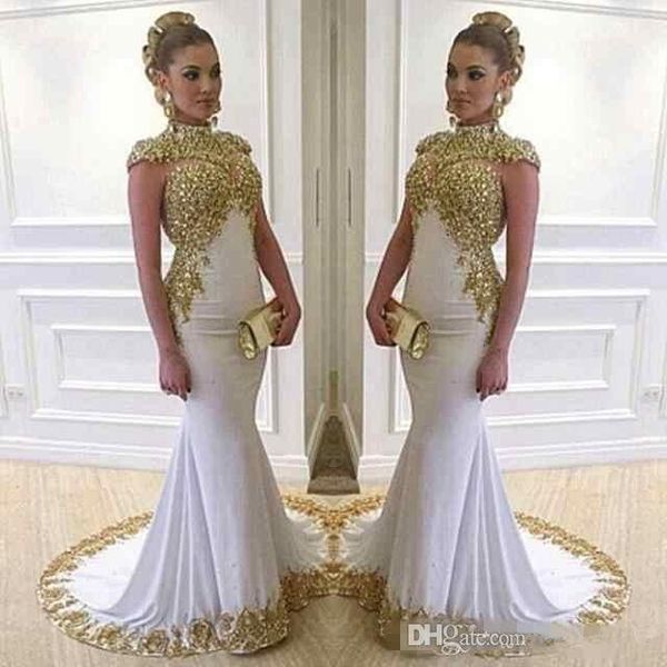 2019 mermaid white and gold evening dresses high neck applique beaded sweep train cap sleeve chiffon formal prom gowns new design custom e99, Black;red
2019 mermaid white and gold evening dresses high neck applique beaded sweep train cap sleeve chiffon formal prom gowns new design custom e99, Black;red