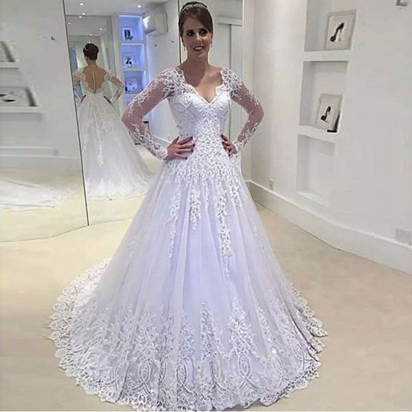 brazilian a-line wedding dresses v neck appliqued beaded sheer back long sleeve bridal dress vestidos de novias, White
brazilian a-line wedding dresses v neck appliqued beaded sheer back long sleeve bridal dress vestidos de novias, White