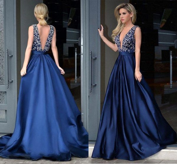 dark navy a line satin prom dresses 2018 new plunging v neck lace appliques formal evening gowns sleeveless backless pageant wear, Black
dark navy a line satin prom dresses 2018 new plunging v neck lace appliques formal evening gowns sleeveless backless pageant wear, Black