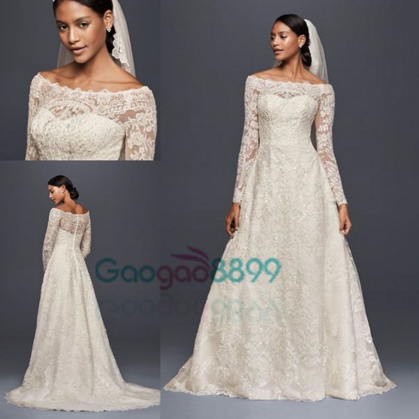 2019 oleg cassini modest vintage wedding dresses with long sleeves lace applique off-shoulder garden outdoor plus size bridal gowns, White
2019 oleg cassini modest vintage wedding dresses with long sleeves lace applique off-shoulder garden outdoor plus size bridal gowns, White