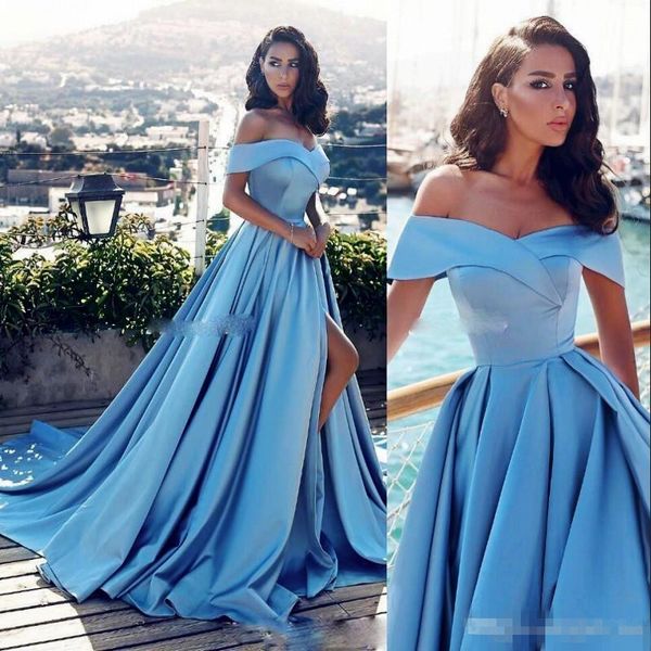 amazing off the shoulder prom dresses long satin front split evening dress sleeves sweep train party dress women formal gowns, Black
amazing off the shoulder prom dresses long satin front split evening dress sleeves sweep train party dress women formal gowns, Black