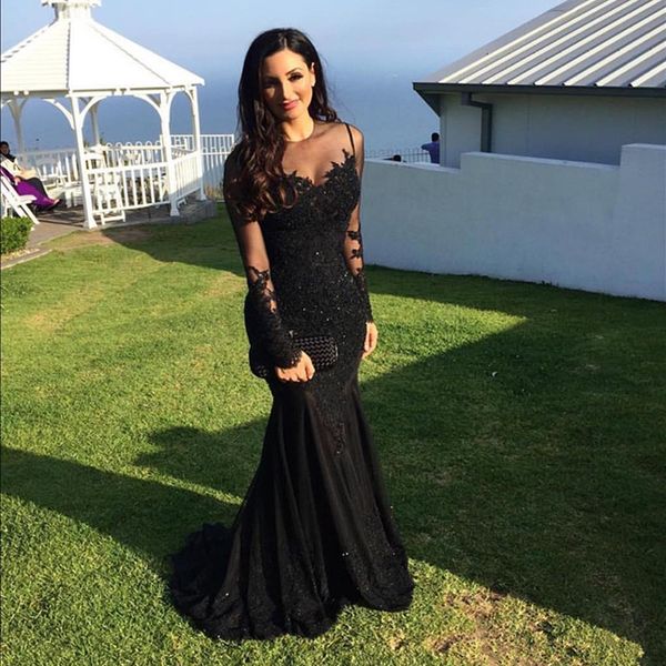 2019 long sleeve black evening dresses new jewel neckline sweep train applique beaded sequined sheer lace mermaid prom gowns custom e115, Black;red
2019 long sleeve black evening dresses new jewel neckline sweep train applique beaded sequined sheer lace mermaid prom gowns custom e115, Black;red
