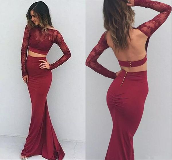 two piece mermaid burgundy prom dresses 2017 lace bateau neckline long sleeves backless formal evening celebrity party gowns custom made, Black
two piece mermaid burgundy prom dresses 2017 lace bateau neckline long sleeves backless formal evening celebrity party gowns custom made, Black