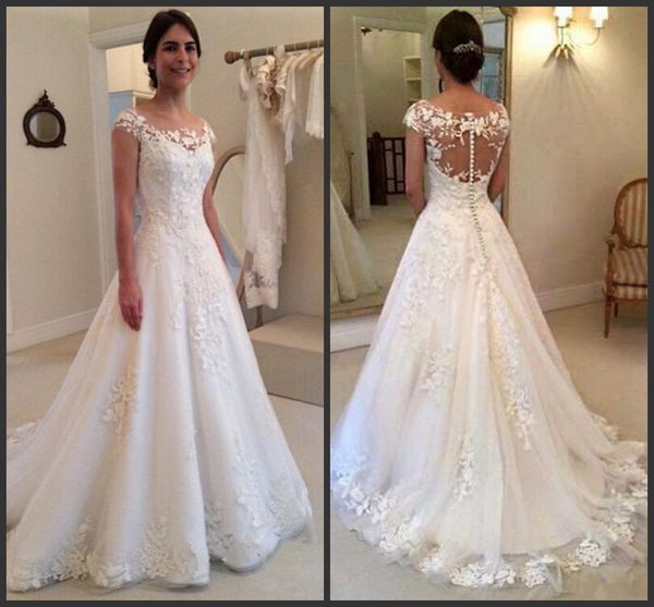 2018 a line wedding dresses lace appliques illusion cap sleeves sweep train country button back formal vestidos bridal gowns custom, White
2018 a line wedding dresses lace appliques illusion cap sleeves sweep train country button back formal vestidos bridal gowns custom, White