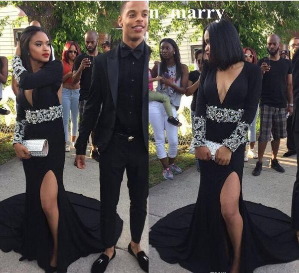 2017 new elegant black prom dresses plunging v neck long sleeve mermaid evening dresses thigh high split long pageant gowns party wear
2017 new elegant black prom dresses plunging v neck long sleeve mermaid evening dresses thigh high split long pageant gowns party wear