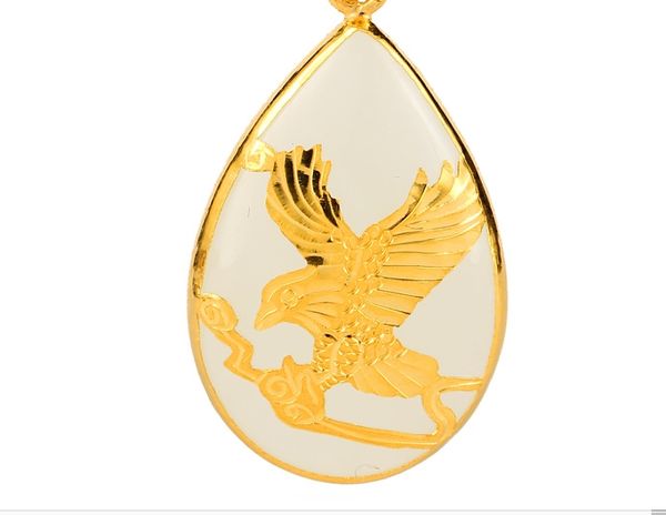 gold inlaid jade white eagle (water) charm necklace pendant (future), Silver 
gold inlaid jade white eagle (water) charm necklace pendant (future), Silver