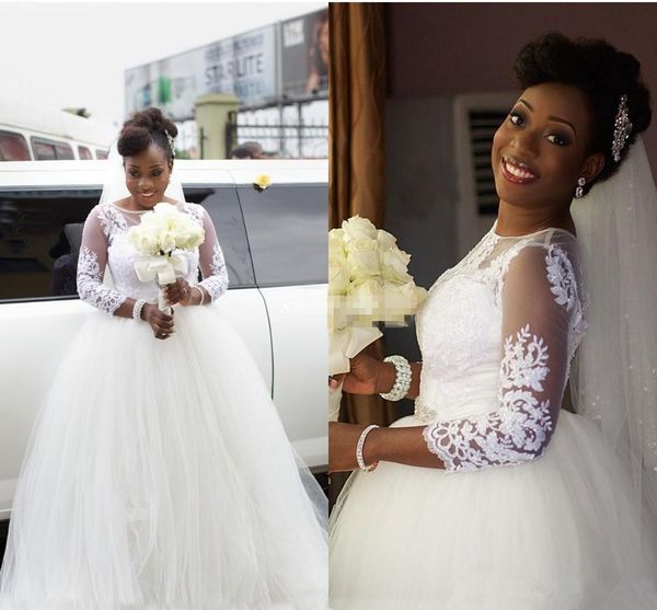 three quarter sleeve ball gown wedding dresses beads appliques lace tulle classic design bridal gowns custom size, White
three quarter sleeve ball gown wedding dresses beads appliques lace tulle classic design bridal gowns custom size, White