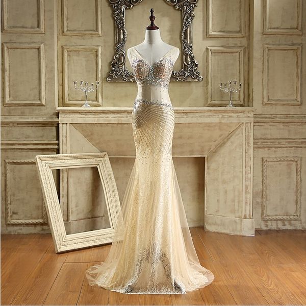 v neck beaded tulle mermaid evening dress 2018 champagne long prom gowns elegant party dress custom made, Black;red
v neck beaded tulle mermaid evening dress 2018 champagne long prom gowns elegant party dress custom made, Black;red