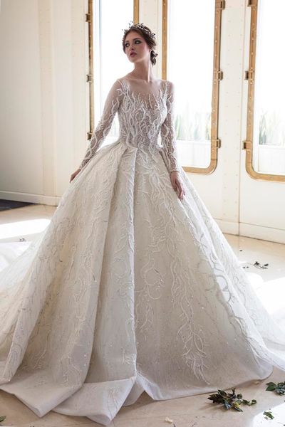 long sleeve wedding dresses applique sweep train plus size wedding gown sheer jewel neck sequins country bridal dress vestido de novia, White
long sleeve wedding dresses applique sweep train plus size wedding gown sheer jewel neck sequins country bridal dress vestido de novia, White