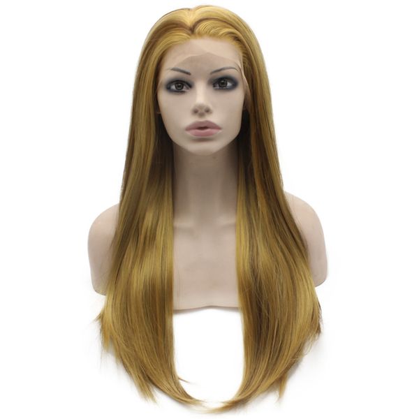 24" long blonde brown mix silky straight half hand tied heat resistant synthetic fiber lace front wig s02, Black
24" long blonde brown mix silky straight half hand tied heat resistant synthetic fiber lace front wig s02, Black