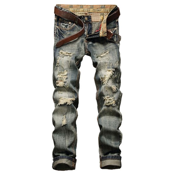wholesale- new long trousers jeans men ripped frazzle casual straight legged denim pants large slim fit classic homme biker jeans, Blue
wholesale- new long trousers jeans men ripped frazzle casual straight legged denim pants large slim fit classic homme biker jeans, Blue