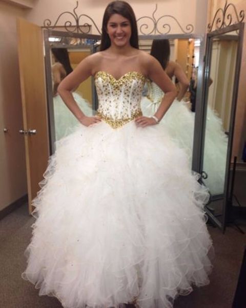 elegant white quinceanera dresses with gold beaded ruffles skirt ball gown princess prom dresses sweetheart vestido debutante, Blue;red
elegant white quinceanera dresses with gold beaded ruffles skirt ball gown princess prom dresses sweetheart vestido debutante, Blue;red