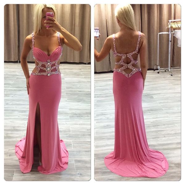 2017 coral spandex mermaid prom dresses new fashion spaghetti beaded crystays cutaway side hollow back side slit party gowns en7041, Black
2017 coral spandex mermaid prom dresses new fashion spaghetti beaded crystays cutaway side hollow back side slit party gowns en7041, Black