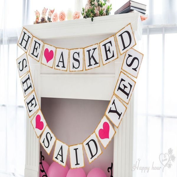 wholesale- hanging flag bridal shower retro sign he asked she said yes wedding bunting banner party decor with gold side flags p props
wholesale- hanging flag bridal shower retro sign he asked she said yes wedding bunting banner party decor with gold side flags p props