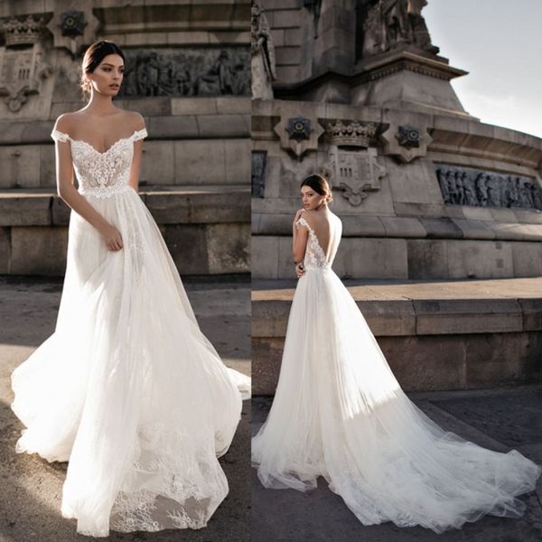 new arrival vestidos de novia lace wedding dresses off shoulder open back appliqued sweep train bridal gown, White
new arrival vestidos de novia lace wedding dresses off shoulder open back appliqued sweep train bridal gown, White